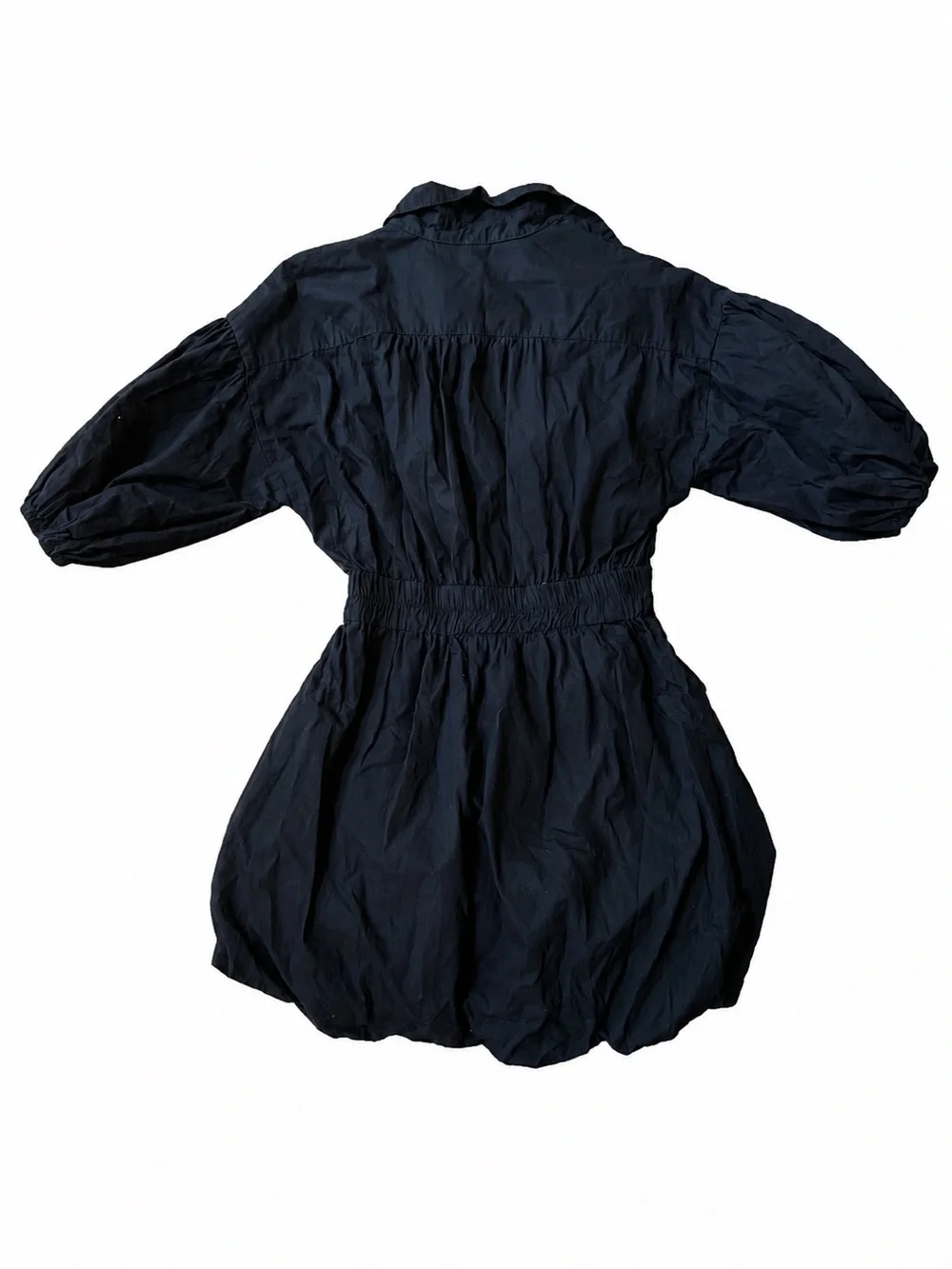 Free People Black Bubble Hem Mini Dress Smocked Waist Collared Cotton Size Small